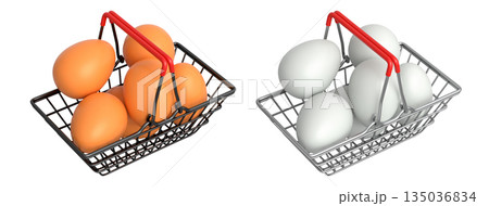 Wire baskets filled with eggs, isolated on white transparent background, concept of kitchen storage 135036834