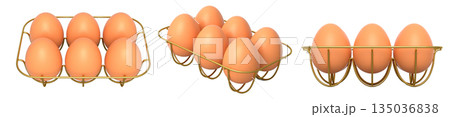 Metal trays filled with neatly stacked brown eggs, isolated on white transparent background. 135036838