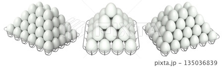 Metal trays filled with neatly stacked white eggs, isolated on white transparent background. 135036839