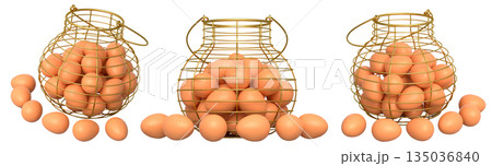 Wire baskets filled with eggs, isolated on white transparent background, concept of kitchen storage 135036840