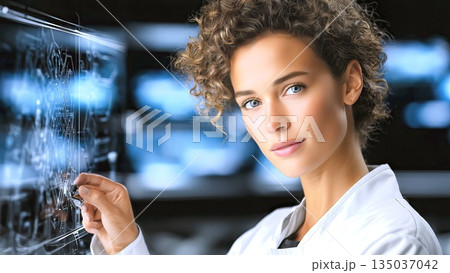 Female scientist wearing lab coat interacting with futuristic transparent display in laboratory, touching the screen with a stylus, with blurred blue background 135037042
