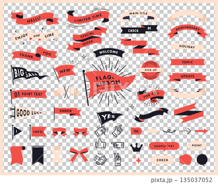 一套以絲帶和旗幟為主題的裝飾設計圖案，包括箭頭和對話框。 135037052