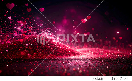 Red Glitter Dust Texture with Floating Hearts on Dark Background 135037189