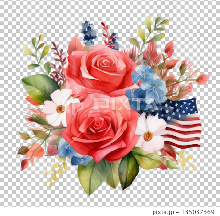 Watercolor illustration of an American flag and a bouquet of red roses isolated on white background, patriotic design element Watercolor illustration of an American flag and a bouquet of red roses isolated on white background, patriotic design element 135037369