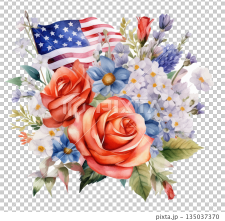 Watercolor illustration of an American flag and a bouquet of red roses isolated on white background, patriotic design element Watercolor illustration of an American flag and a bouquet of red roses isolated on white background, patriotic design element 135037370