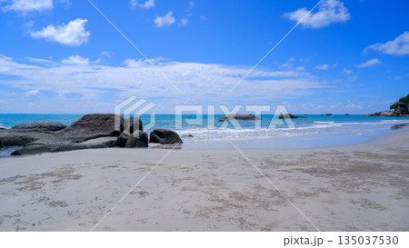 Beautiful Tropical Beach Landscape with Granite Rocks and Blue Sky in Sungailiat 135037530