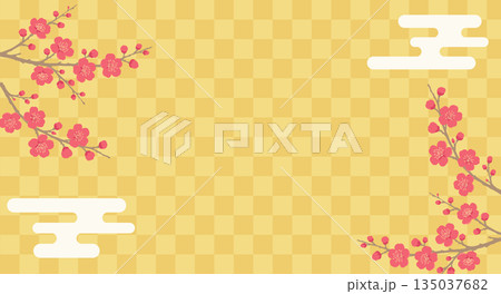 紅梅と市松模様の和風背景　金色の春のフレーム枠 135037682