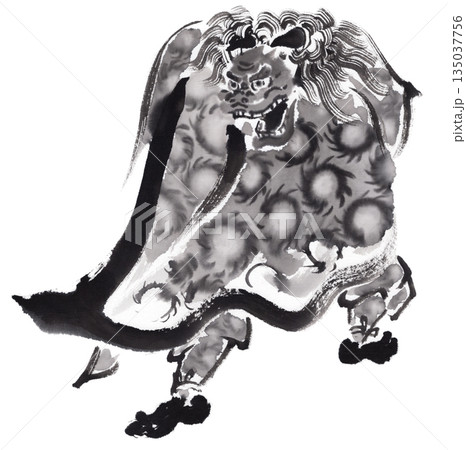 墨で描いた獅子舞のイラスト 135037756