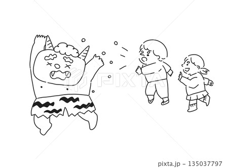 節分の豆まきで逃げる赤鬼と子どもたち 節分の豆まきで逃げる赤鬼と子どもたち 135037797
