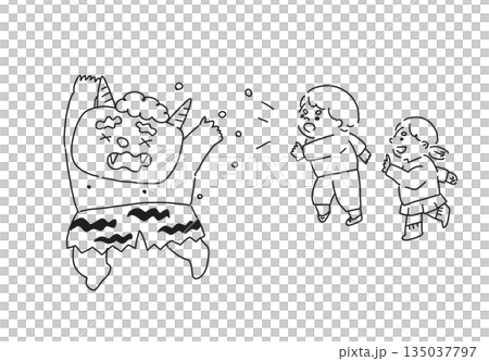 節分の豆まきで逃げる赤鬼と子どもたち 節分の豆まきで逃げる赤鬼と子どもたち 135037797