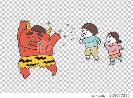 節分の豆まきで逃げる赤鬼と子どもたち 135037820