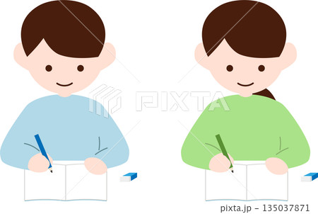 机に向かって勉強する男性と女性のイラスト素材 135037871