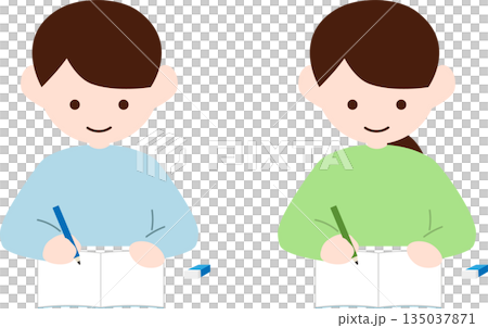 机に向かって勉強する男性と女性のイラスト素材 135037871