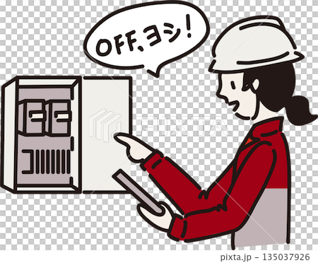 分電盤の電源オフを指さし確認する女性作業員のイラスト　赤色の制服 135037926