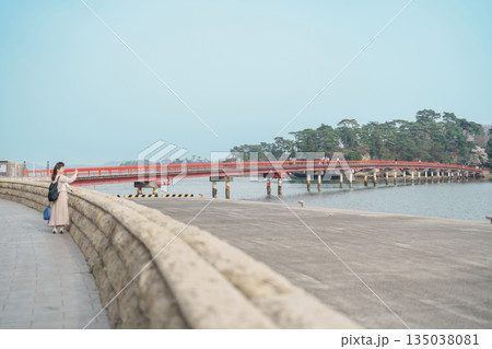 Fukuura jima bridge or the bridge of romantic encounters for Fukuura Island at Matsushima Bay in Matsushima, Miyagi Prefecture, Tohoku, Japan. Landmark and famous Vacation 135038081