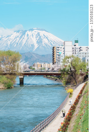 Beautiful Iwate mountain and Kitakami river with flowers blooming in Spring season, cityscape against blue sky in Morioka city, Iwate prefecture, Japan. famous Landmark Travel and Vacation destination 135038123