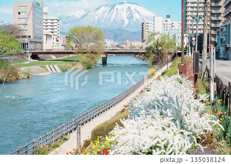 Beautiful Iwate mountain and Kitakami river with flowers blooming in Spring season, cityscape against blue sky in Morioka city, Iwate prefecture, Japan. famous Landmark Travel and Vacation destination 135038124