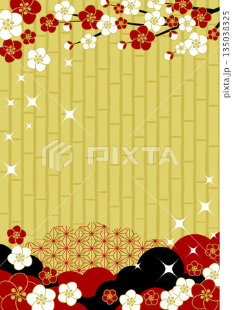 和風背景イラスト、かわいい、シンプル、梅、竹、金、キラキラ、縦 135038325