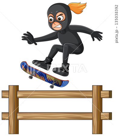 Female Burglar in Black Suit Skateboarding Over Wooden Fence 135038392