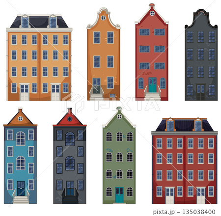 Colorful Dutch Canal Houses Vector Illustration Set Colorful Dutch Canal Houses Vector Illustration Set 135038400