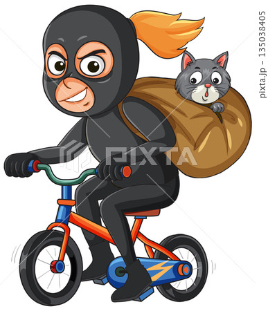 Female Burglar on Bicycle Carrying Sack with Cat 135038405
