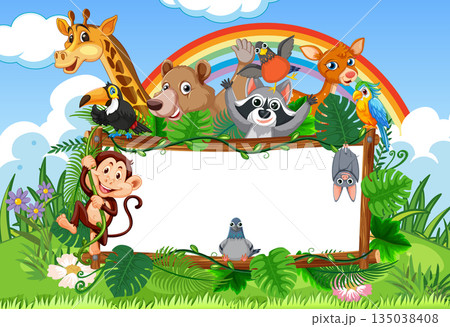 Cartoon Jungle Animals Around Blank Wooden Sign with Rainbow Cartoon Jungle Animals Around Blank Wooden Sign with Rainbow 135038408