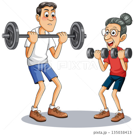 Cartoon Man and Elderly Woman Lifting Weights Together Cartoon Man and Elderly Woman Lifting Weights Together 135038413