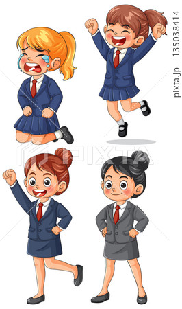 Schoolgirls in Uniform Expressing Different Emotions and Gestures Schoolgirls in Uniform Expressing Different Emotions and Gestures 135038414