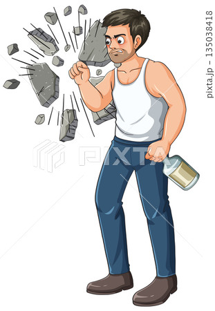 Angry Man Punching Concrete Wall with Bare Fist 135038418