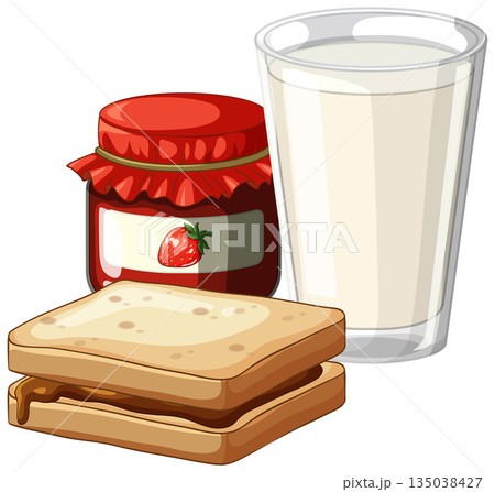 Peanut Butter Sandwich with Strawberry Jam Jar and Glass of Milk 135038427