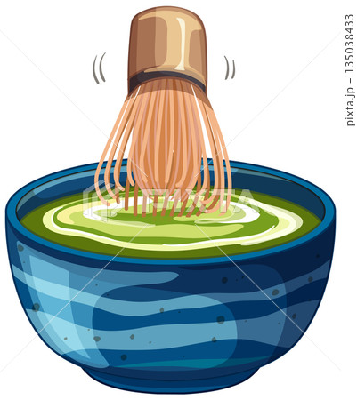 Bamboo Whisk Mixing Green Matcha Tea in a Blue Ceramic Bowl 135038433