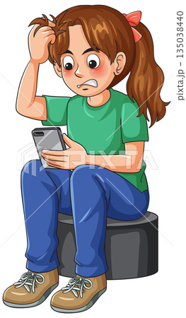 Worried Girl Sitting and Reading Disturbing Smartphone Message Worried Girl Sitting and Reading Disturbing Smartphone Message 135038440