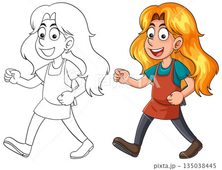Smiling Woman Walking in Apron Cartoon Vector Illustration 135038445