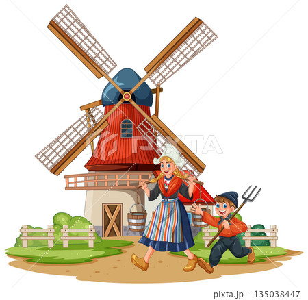 Children in Traditional Dutch Clothing Near Windmill Illustration 135038447