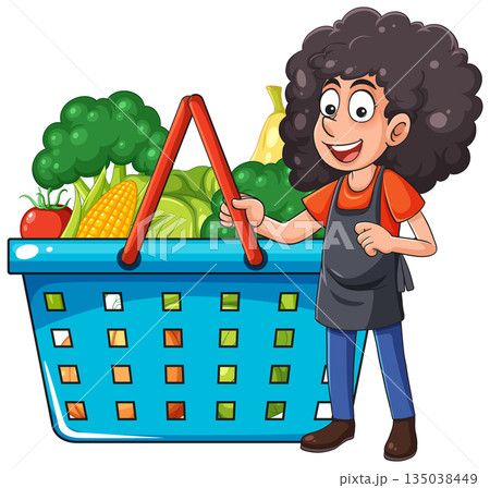 Grocery Worker Holding Basket Filled With Fresh Vegetables 135038449