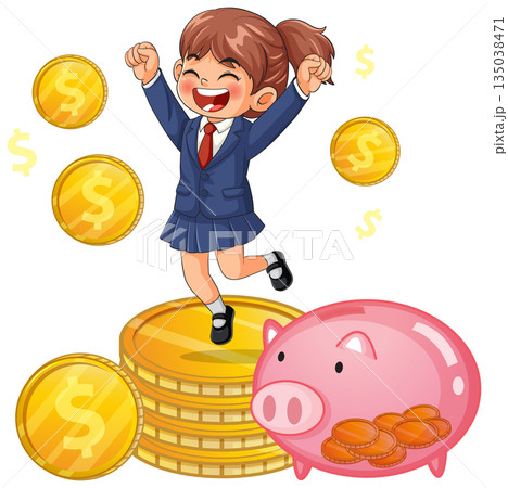 Happy Schoolgirl Jumping with Piggy Bank and Coins Happy Schoolgirl Jumping with Piggy Bank and Coins 135038471