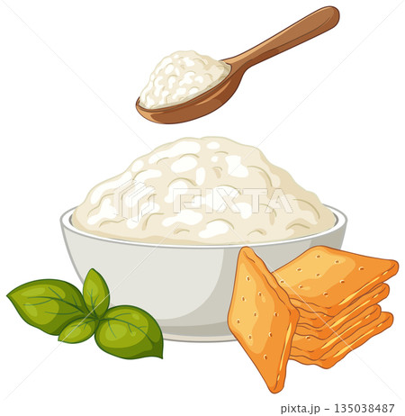 Cottage Cheese in a Bowl with Crackers and Basil Illustration Cottage Cheese in a Bowl with Crackers and Basil Illustration 135038487