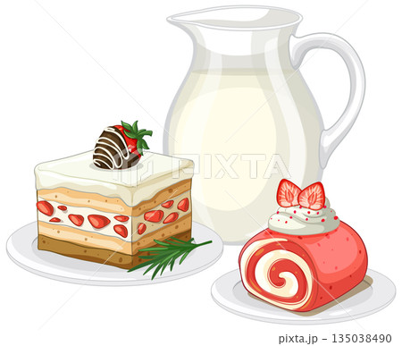 Strawberry Layer Cake and Swiss Roll with a Pitcher of Milk 135038490