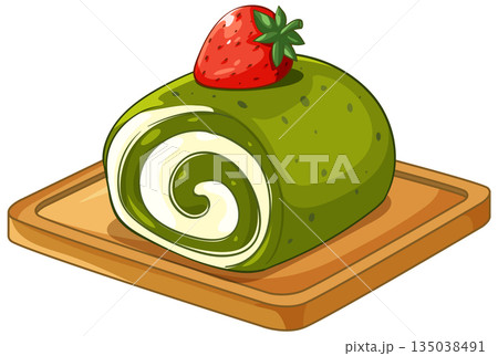 Matcha Green Tea Swiss Roll Cake with Fresh Strawberry Topping 135038491