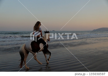 Horse and sunset at sea.A young blonde girl rides a white horse along the seashore at sunset. Horse and sunset at sea.A young blonde girl rides a white horse along the seashore at sunset. 135038597