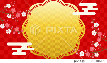 紅梅と市松模様の和風背景　赤色の市松と矢絣の金色フレーム枠 135038613