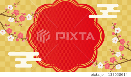 紅梅と市松模様の和風背景　金色の市松と矢絣の赤いフレーム枠 135038614