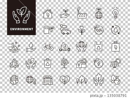 一套簡潔的單色圖標，代表環境、生態和永續性。 135038791