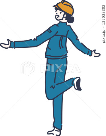 後ろ向きで両手を広げるヘルメットをかぶった女性作業員のイラスト　青色の制服 135038802