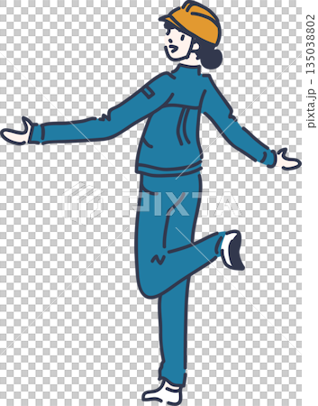 後ろ向きで両手を広げるヘルメットをかぶった女性作業員のイラスト　青色の制服 135038802