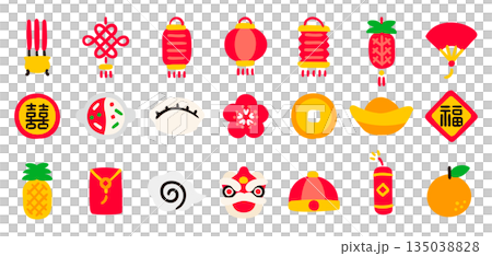 中國新年、農曆新年圖示集 手繪風格插圖 中國新年圖標素材 135038828