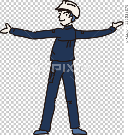 圖:一名男性工人戴著安全帽,身穿藏藍色工作服,背對著鏡頭,雙臂伸展。 圖:一名男性工人戴著安全帽,身穿藏藍色工作服,背對著鏡頭,雙臂伸展。 135038879