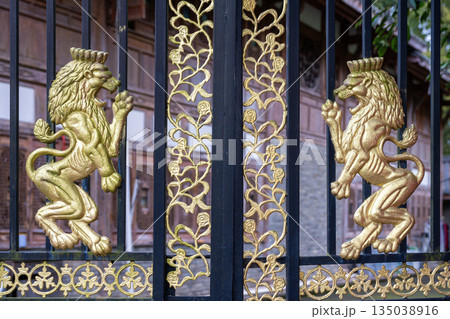 Golden Lion Statues Guarding Elegant Black Gate with Ornate Floral Details Golden Lion Statues Guarding Elegant Black Gate with Ornate Floral Details 135038916