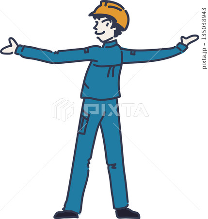 後ろ向きで両手を広げるヘルメットをかぶった男性作業員のイラスト　青色の制服 135038943