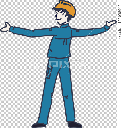 Illustration of a male worker wearing a helmet and blue uniform facing backwards with his arms outstretched Illustration of a male worker wearing a helmet and blue uniform facing backwards with his arms outstretched 135038943